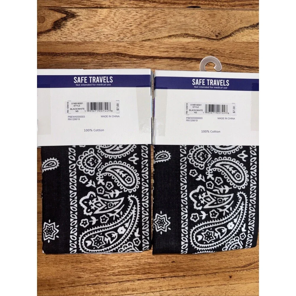 4 Bandanas Black/White  100% cotton - Safe Travels, Brand New